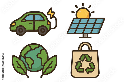Set of ecology icons. Sustainable energy. Green transport. Electric car charging. Solar panel. Eco friendly world. Recycle bag. Zero waste lifestyle. Go green concept.