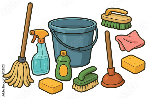 Vector cartoon set of household cleaning tools. Housework supplies collection with mop, bucket, brush, sponge, plunger, and spray bottle. Janitorial equipment for hygiene.