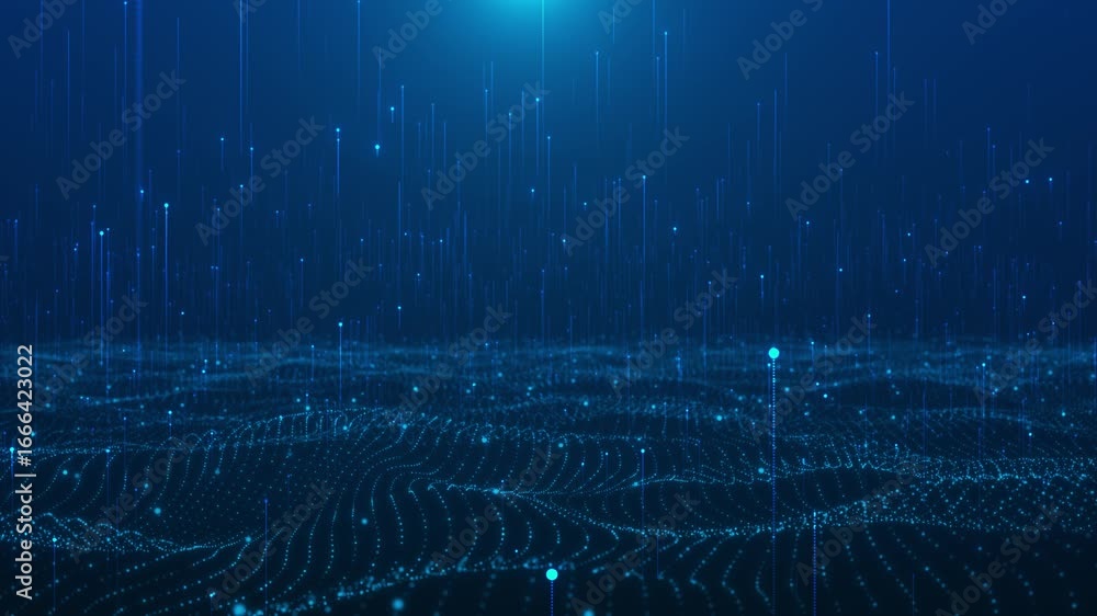 Abstract animation digital waves pulsing grid particles rise upward. Use of this clip enhances futuristic themes, tech visualizations, data simulations, motion background, modern science fiction scene