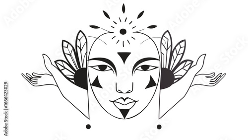 Abstract face with geometric shapes and hands reaching out in a minimalist design style