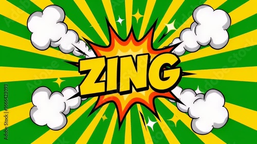 Dynamic comic book zing word explosion animation on radial background