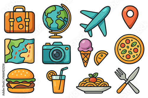 Vector travel and food icon collection. Flat cartoon symbols for tourism, vacation, and culinary adventures. World journey, airplane, camera, pizza, and burger elements.