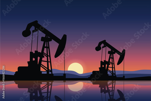 Oil pump jack vector illustration at sunset.