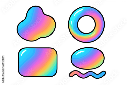 Set of vibrant holographic abstract shapes. Colorful iridescent liquid chrome effect elements. Glossy retro Y2K sticker style vector illustration for modern design project.