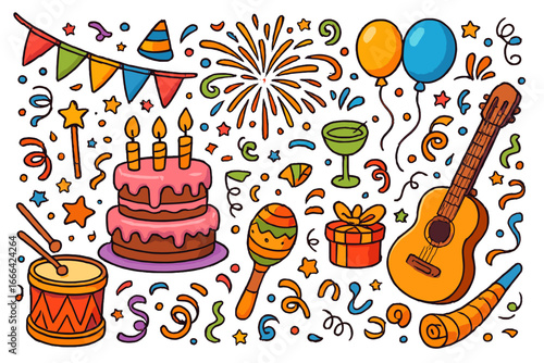 Vector cartoon set of colorful party elements for celebration. Festive icons with birthday cake, musical instruments, fireworks, gift, balloons. Joyful event decoration.