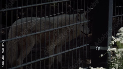A white wolf behind a fence at the zoo. Its tongue is sticking out and its head is turning.