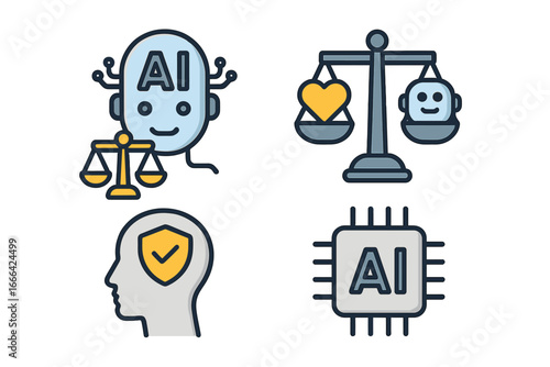 AI ethics and technology icon set. Artificial intelligence concepts like law, balance, safety and security. Vector icons of robot head, justice scale, shield and cpu chip.