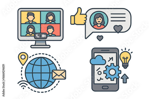Digital technology vector icons. Virtual meeting, online communication, video conference. Social media interaction, global network, mobile app innovation. Remote work concepts.