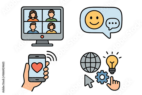 Digital tools and symbols for virtual meetings and online interactions. Modern technology for remote work, business communication, social media, and global innovation concept.