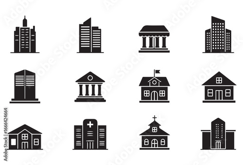 A flat icon set of various buildings in black on a white background, including skyscrapers, houses, offices, schools, hospitals, and religious structures. Designed in a minimalist style