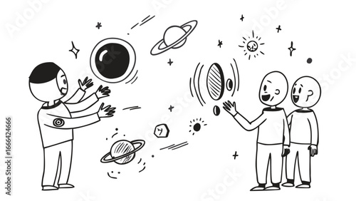 Illustration of an astronaut and two people interacting with planets and celestial objects in space