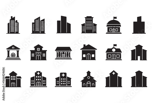 A flat icon set of various buildings in black on a white background, including skyscrapers, houses, offices, schools, hospitals, and religious structures. Designed in a minimalist style