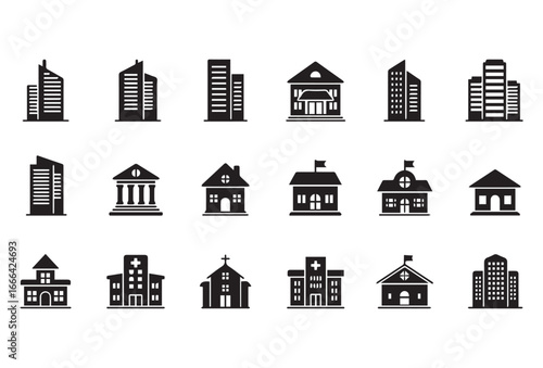 A flat icon set of various buildings in black on a white background, including skyscrapers, houses, offices, schools, hospitals, and religious structures. Designed in a minimalist style