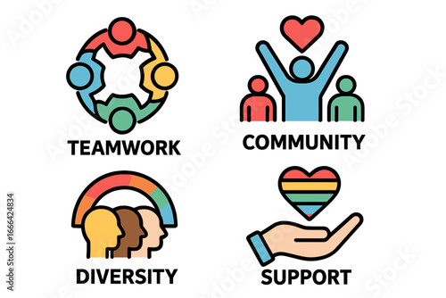 Set of icons for teamwork, community, diversity, support. Vector concepts for collaboration, social engagement, partnership, inclusion, racial equality, and LGBTQ pride.