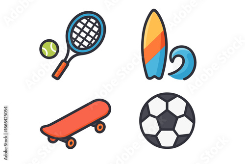 Sports equipment icon set. Vector cartoon collection of tennis racket, ball, surfboard, wave, skateboard, soccer. Active lifestyle hobby symbols. Flat design graphic elements.