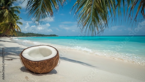 Wallpaper Mural A fresh coconut and palm leaves side by side, placed on a sandy shore with the tropical ocean in the background, capturing the essence of a relaxing beach holiday and exotic island atmosphere	
 Torontodigital.ca