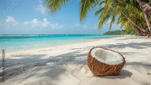 Wallpaper Mural A fresh coconut and palm leaves side by side, placed on a sandy shore with the tropical ocean in the background, capturing the essence of a relaxing beach holiday and exotic island atmosphere	
 Torontodigital.ca