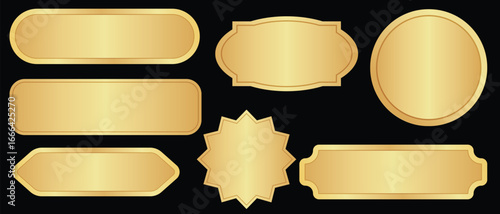 gold label banner, Blank golden nameplate plaque with decorative edges and screw holes.golden name plates. Different golden temples illustration. Empty metallic label for signage, awards, door signs. 