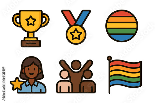 Vector icon set celebrating diversity, inclusion, and achievement. With trophy, medal, employee recognition, diverse team, and LGBTQ pride flag symbols for community awards.