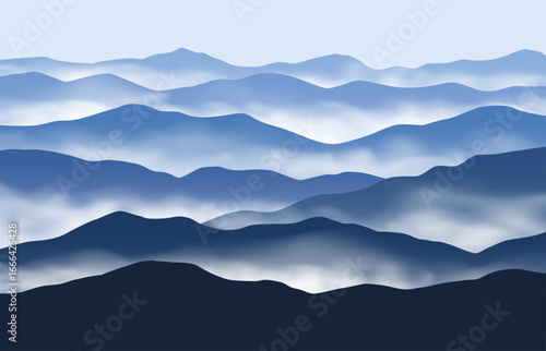 Vector panoramic landscape with blue misty silhouettes of mountains and clear sky