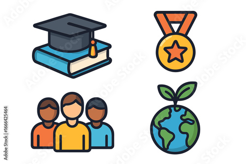 Set of educational icons representing learning, global growth, teamwork, and achievement. Vector graphic includes graduation cap, medal, diverse people, and globe symbol.