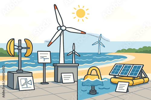 Renewable energy vector concept. Marine and coastal power technology exhibition. Wind turbine, floating solar panel, wave and tidal power devices. Sustainable green innovation.