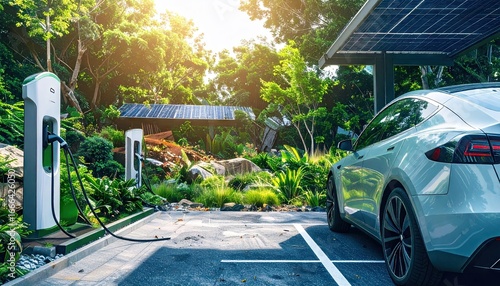White Electric Vehicle Charging at a Fast Charger in an Eco-Friendly Parking Lot