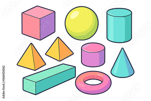 Isometric set of colorful 3D geometric shapes. Basic solid geometry forms for math education. Vector cartoon icons of cube, sphere, pyramid, cone, cylinder, and torus.