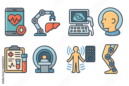 Health technology icon set. Medical innovation, robotic surgery, MRI, ultrasound, telemedicine, diagnostics, prosthetics, biotechnology. Modern healthcare treatment vector icons.