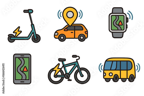 Set of transport icons. Smart urban mobility, car sharing, bicycle and scooter rental. GPS navigation technology on smartphone and watch. Electric vehicle and public transport.