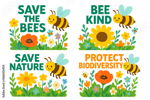 Save the bees, protect biodiversity, save nature, and be kind slogan set. Cute cartoon vector icons with honeybee & flowers for environment and conservation awareness.