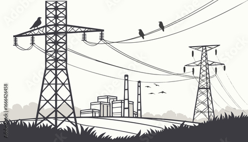 Electric power line. High voltage electricity transmission network with metal pylons and cables, industrial landscape with power supply grid with birds. Vector energy illustration