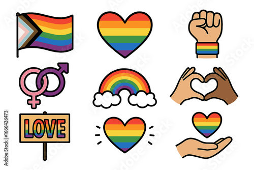 Set of LGBTQ+ pride symbols. Vector icons of progress flag, rainbow heart, love sign, and protest fist. Concept of gay, lesbian, trans rights, inclusivity, and support.