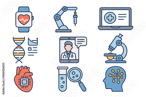 Medical technology and digital health icon set. Telemedicine, AI, robotics, genomics, bionics, virtual doctor, research, and science. Vector icons for healthcare innovation.