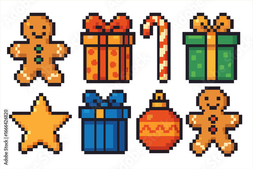 Christmas pixel art icon set. Holiday collection in retro 8-bit gaming style. Vector illustration of gingerbread man, gift box, candy cane, star, and festive ornament design.