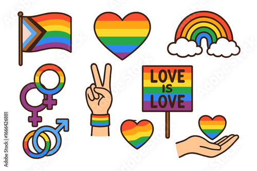 LGBTQ pride month icon set. Gay, lesbian, transgender symbols. Progress pride flag, rainbow heart, love is love sign. Vector cartoon illustration for rights and inclusion.