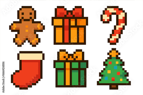Pixel art Christmas icon set. 8-bit holiday symbols collection with gingerbread man, gift box, candy cane, stocking, and Xmas tree. Retro video game winter holiday graphic.