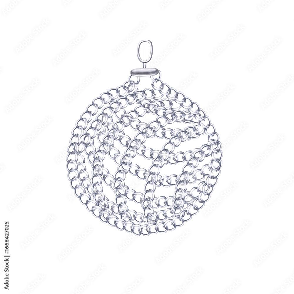 Obraz premium New Year's tree ball made of different silver chains. Isolated watercolor illustration for design of printing for Christmas sales, jewelry stores, postcard printing.