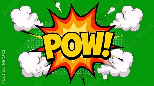 Cartoon explosion effect animation graphic with onomatopoeia and bright colors