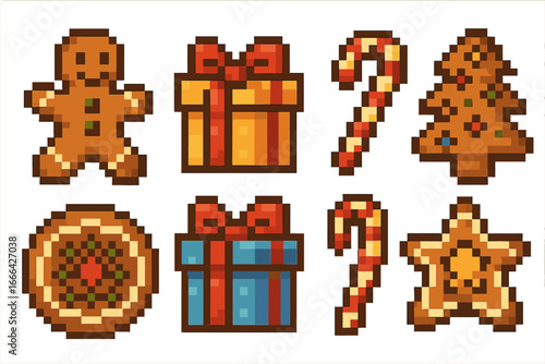 Pixel art christmas icon set. 8 bit sprite. Gingerbread man, cookie, candy cane, gift box. Retro gaming digital illustration. Holiday winter graphic element collection.