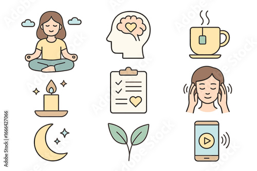 Mindfulness and wellness icon set for relaxation and mental health. Vector icons for self-care, meditation, daily routine, stress relief, calm, and good sleep habits.