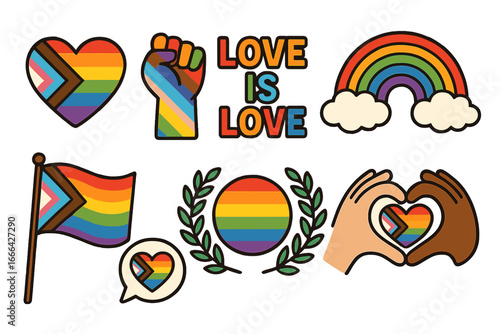 LGBTQ pride sticker set with progress flag. Rainbow heart, love is love quote, raised fist. Vector icons for gay, lesbian, trans rights. Inclusivity and diversity concept.