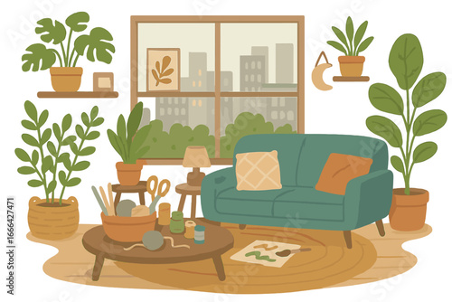 Cozy urban living room with modern furniture, plants and a city view. Home interior with craft supplies for creative relaxation. Hygge lifestyle concept vector cartoon illustration.