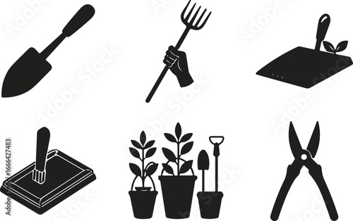Gardening tools silhouette, hand trowel, garden fork, pruning shears, potted plants, soil tamper, planting icon, black vector, isolated, set