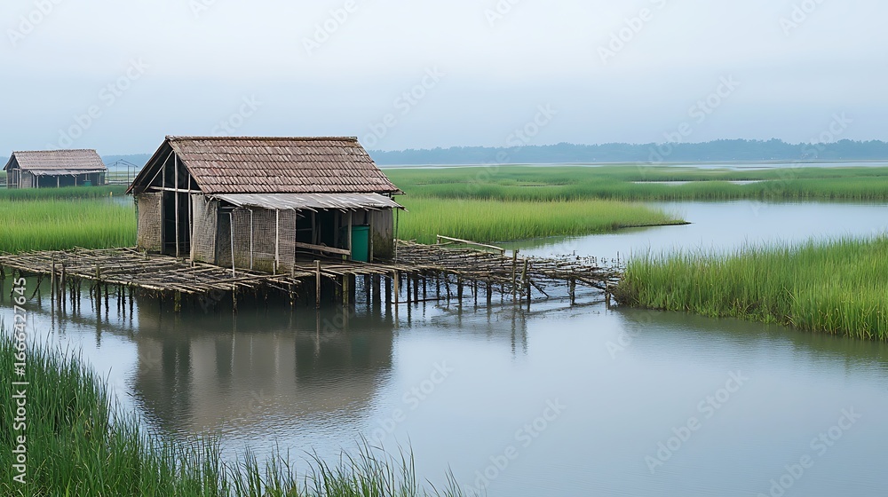 Obraz premium Fish farm located in a marsh on the coast where crabs