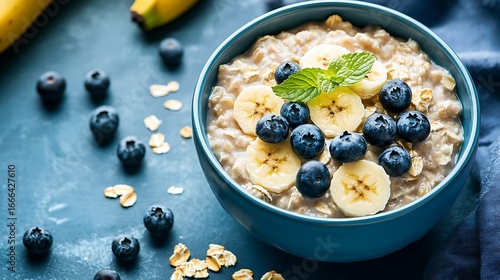Bircher muesli or overnight oatmeal with apple banana and blueberries