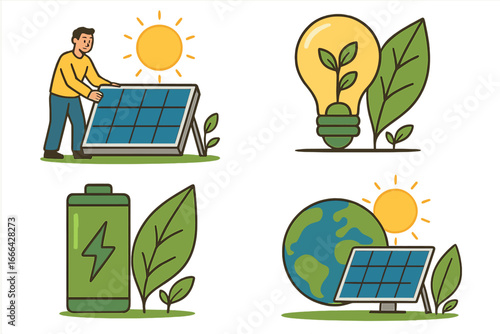 Solar energy icon set. Green technology and sustainable power concept. Man with solar panel, renewable energy battery, eco lightbulb idea, and earth planet. Vector cartoon icons.