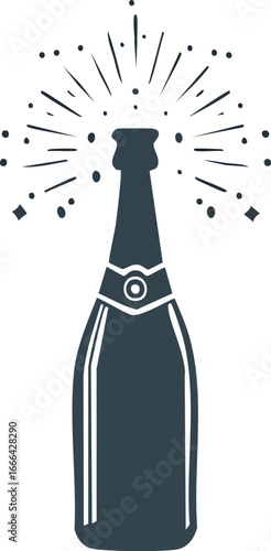 Champagne bottle popping icon. A silhouette symbol for celebration, parties, New Year's Eve, and success. Minimalist vector illustration for invitations, cards, and event design. Generative AI