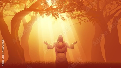 Jesus in prayer amongst the ancient olive trees of Gethsemane. Dramatic imagery captures the solemnity and serenity of this sacred moment, as Jesus prepares for the trials that lie ahead