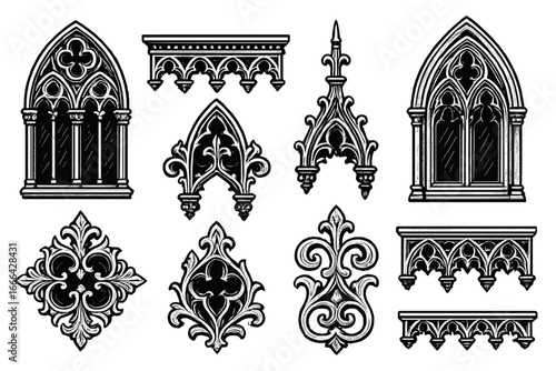 Gothic architectural elements set. Medieval cathedral facade details, windows, arches. Intricate black and white antique ornaments. Engraved vintage vector illustration pack.